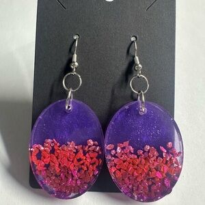 Handmade Purple Resin Earrings with Red Glitter Accent